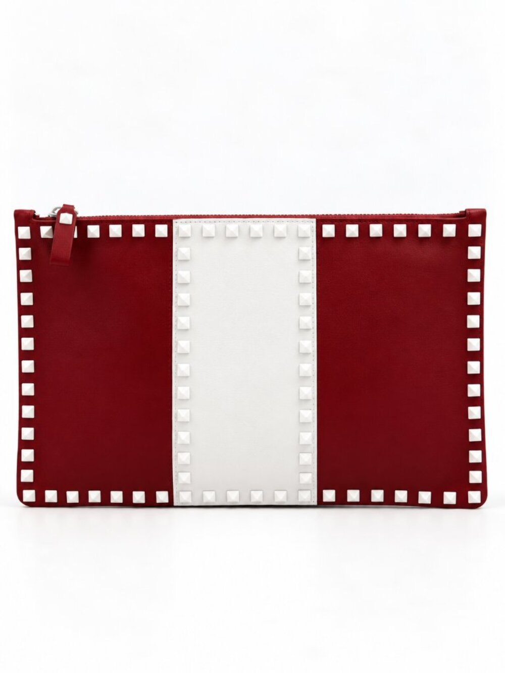 Valentino Garavani Rockstud Red White Leather Zip Clutch Pouch Document Case